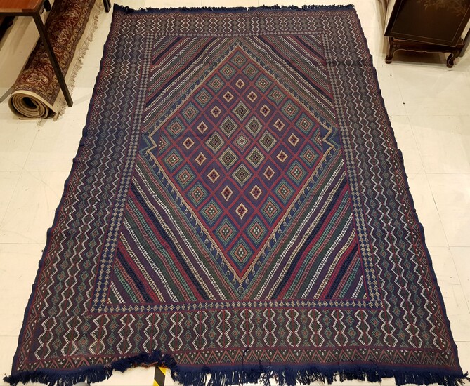 Tunisian hand-knotted wool carpet with rhombus decoration, blue dominant, Length....