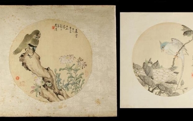 Two 19th century Chinese fan paintings on silk depicting...