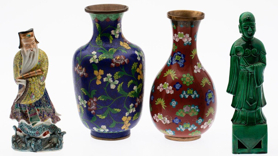 Two Chinese Cloisonné Vases and Two Chinese Porcelain Figures, 20th Century EV2DC