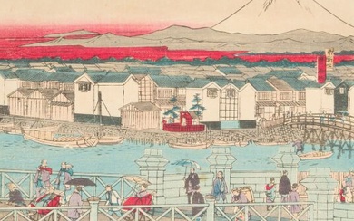 Utagawa Hiroshige III (1842-1894):Oban tate-e, partie de triptyque, scène sur pont, signé Hiroshige Dim.{CR}35,4 x...