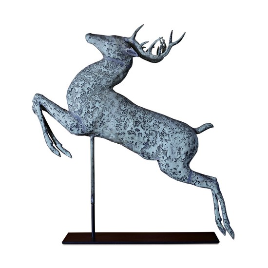 VERY FINE AND RARE MOLDED FULL BODIED SHEET COPPER LEAPING STAG WEATHERVANE, HARRIS & CO., BOSTON, MASSACHUSETTS, CIRCA 1880