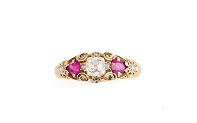 VICTORIAN DIAMOND AND RUBY HALF HOOP RING, 1890s AND TWO DRESS RINGS