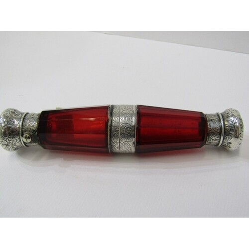 VICTORIAN PERFUME FLASK, ruby glass 2 section silver mounted...