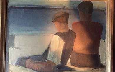 Valdemar Secher: Composition with figures. Signed V. Secher 1962. Oil on canvas. 62×80 cm.