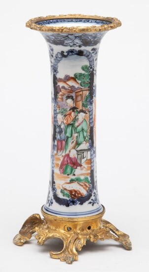 Vase - Porcelain - A Famille Rose Export Mandarin Porcelain ‘Gu’ Form Vase With French Gilt Ormolu Mounts Qianlong Peri - China - Qianlong (1736-1795)