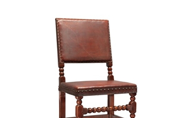 Very Fine and Rare Pilgrim Century Turned and Joined Maple and Oak Leather Upholstered "Cromwellian" Side Chair, Boston, Massachusetts, Circa1690
