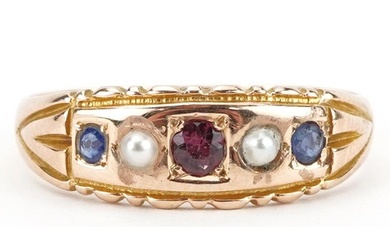 Victorian 15ct gold garnet, sapphire and seed pearl ring, Bi...