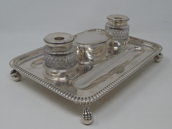 Victorian Silver Inkstand with Twin Silver Mounted Cut Cryst...