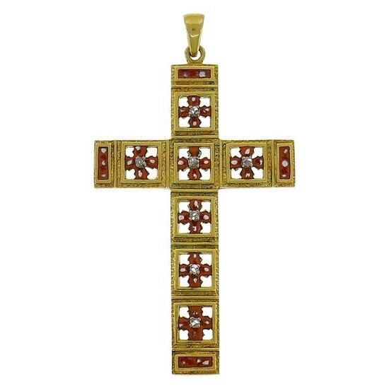 Victorian Yellow Gold Cross Pendant Diamond Enamel