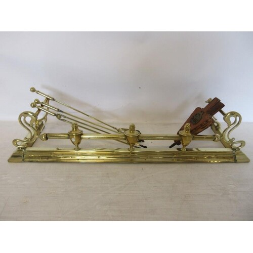 Victorian brass fender, fire irons and bellows. (3)