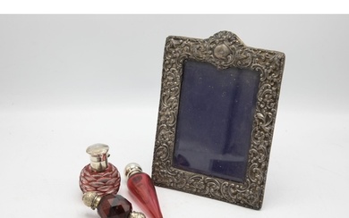 Victorian silver mounted cranberry glass teardrop scent bott...