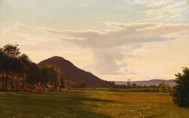 Vilhelm Kyhn: Landscape with haystacks. Signed with monogram and dated 25/8 70. Oil on canvas. 45×30 cm.