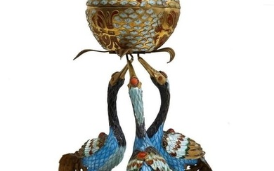 Vintage Chinese Export Gilt Silver Filigree Enameled Crane Bird Shou Tao Figure