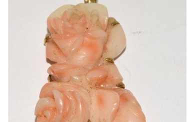 Vintage Chinese carved natural angel skin Coral and 14ct gol...