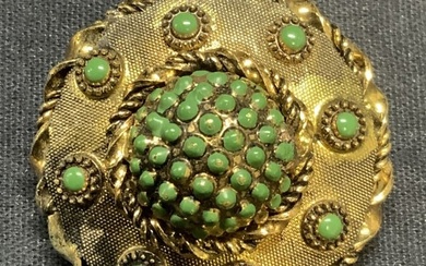 Vintage Gold Tn Green Enamel Brooch