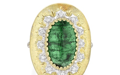 Vintage Hand Engraved Emerald and Diamond Ring, Italian