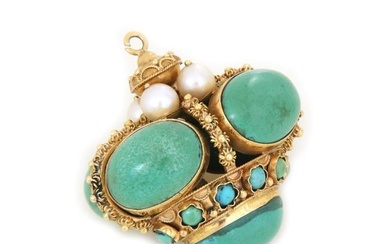Vintage Jade and Pearl 18k Yellow Gold Etruscan Design Large Fob Pendant