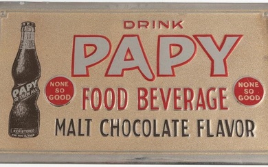 Vintage tin Advertising Sign for "Papy Food Beverage Malt Chocolate Flavor", with easel back, raised