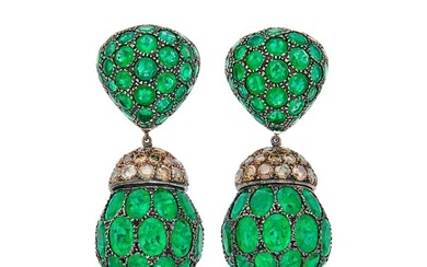 Vivian Debbas Pair of Blackened Gold, Emerald and Colored Diamond Pendant-Earclips, France