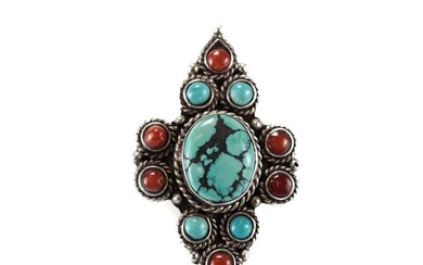 Vtg Huge Sterling Silver Turquoise and Coral Cabochon Statement Ring Size 9.75