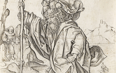 WENZEL VON OLMÜTZ St. Christopher. Engraving, circa 1485. 165x111 mm; 6½x4½ inches. Partia...