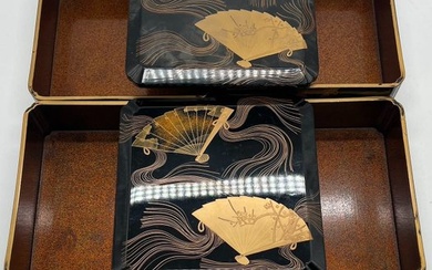輪島塗Wajimanuri lacquerware Japanese Fan-ward off evil spirits and entrench love Plum-a rich life. Cranes- longevity - Box (6) - Gold-Makie - Lacquer, Wood