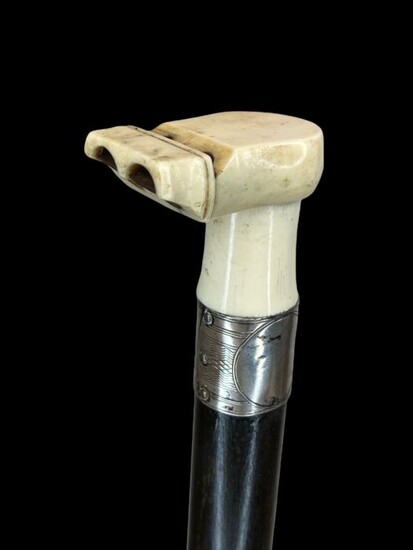 Walking stick, System stick - Flute as pommel - Bone, Silver, Wood - Circa 1890