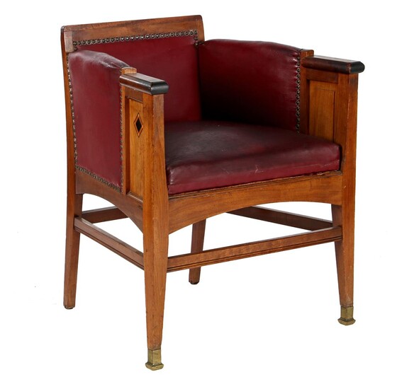 (-), Walnut with red leather Art Deco armchair...