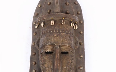 West African, Mali Carved Wooden Tribal Marka Mask With Cowry Shells And Brass Plates 22 1/2"H x 10