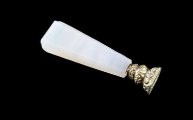White Agate Handled Gilt Sterling Silver Wax Seal Hand chased 19th Century