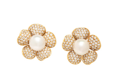 YELLOW GOLD, CULTURED PEARL AND DIAMOND FLOWER CLIP EARRINGS