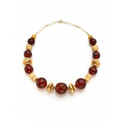 Yellow 9K and 18K gold graduated amber bead and bone necklace with discoid spacers, g 77.16 circa, length cm 50...
