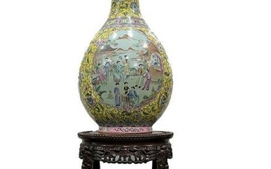 Yellow Ground Famille Rose Vase with Chinese Stand