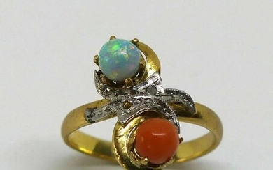 You and Me two golds, set with an opal pearl and a coral pearl, the setting enhanced with roses. Weight 2.9 g TDD 50