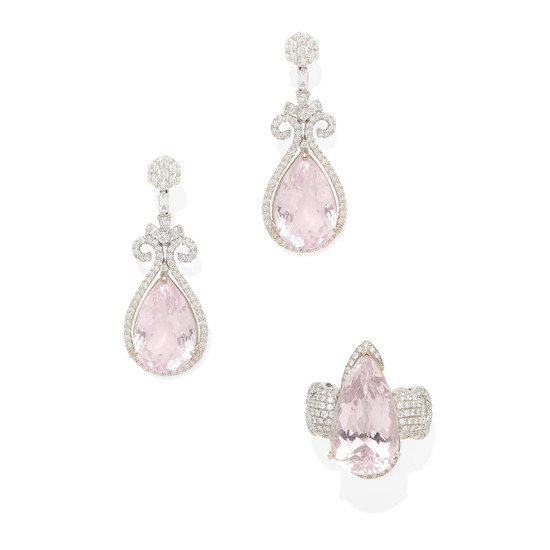 a pair of white gold, kunzite and diamond earrings and ring set