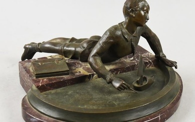 c1930 French Bronze Boy with Sailboat Inkwell/Marble Base