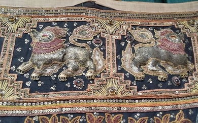 tapestry (1) - Embroidery, Gold thread, Silver thread, Miscellaneous of fabric - Dancer, Dragon, Warrior - Myanmar - Second half 20th century