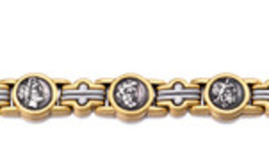 An 18k gold and stainless steel coin bracelet,, Bulgari