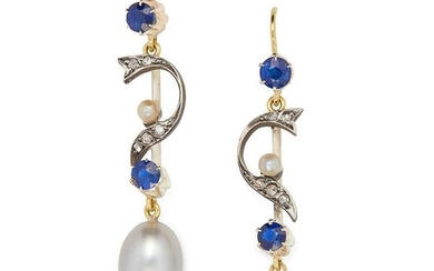 ANTIQUE PEARL, SAPPHIRE AND DIAMOND EARRINGS set with