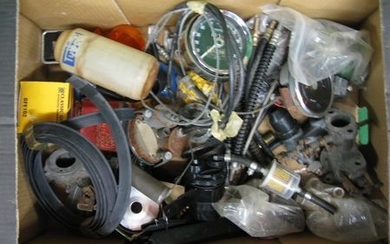 Box of new and used vehicle parts to include: dials, ignition barrels, brake pipes, fuel pump, small carburettors etc
