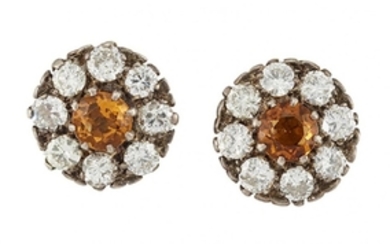 A pair of citrine and diamond cluster...