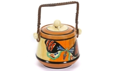 CLARICE CLIFF FANTASQUE BISCUIT BARREL AND COVER, in...