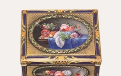 A CONTINENTAL ENAMELLED VARI-COLOR GOLD SNUFF-BOX, THE BOX PROBABLY GERMAN, 19TH CENTURY, STRUCK WITH AN UNIDENTIFIED MAKER'S MARK C. S. B., MARKS RESEMBLING THOSE OF JULIEN ALATERRE AND THE PARISIAN DATE LETTER FOR 1773, THE ENAMEL PANELS AND FRAMES...