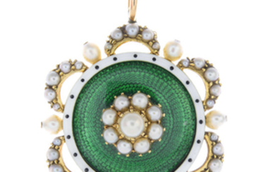 An early 20th century 15ct gold split pearl and enamel pendant, with chain.