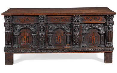 An Elizabeth I joined oak and marquetry inlaid coffer, circa 1600