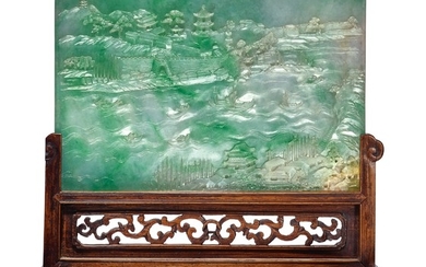 AN EXCEPTIONALLY RARE APPLE-GREEN JADEITE 'LANDSCAPE' TABLE SCREEN QING DYNASTY, QIANLONG PERIOD