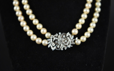 EXTRA LONG DOUBLE STRAND PEARL & DIAMOND NECKLACE