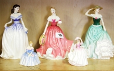 Five Royal Doulton figurines including Rosie HN4094, Charlotte HN4092, Buttercup HN3908, Emily HN4093, Victoria HN3909