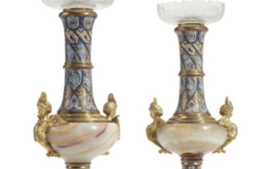 A PAIR OF FRENCH ORMOLU, ONYX AND CHAMPLEVÉ ENAMEL VASES, LAST QUARTER 19TH CENTURY