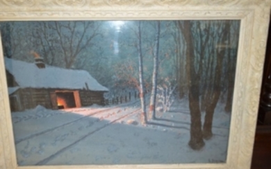 Gulbrand Sether (1869-1941) Watercolor Winter Night